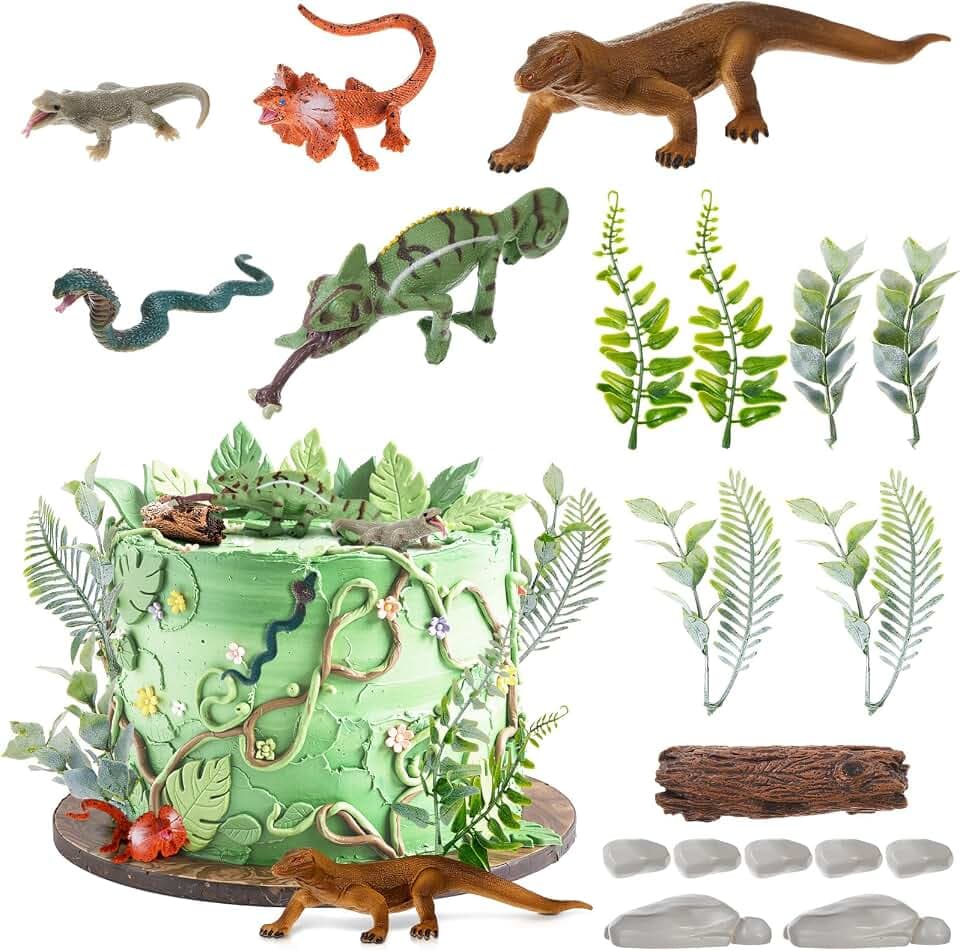 Simgoing 19 Pcs Reptile Cake Toppers Safari Animals Cake Decorations