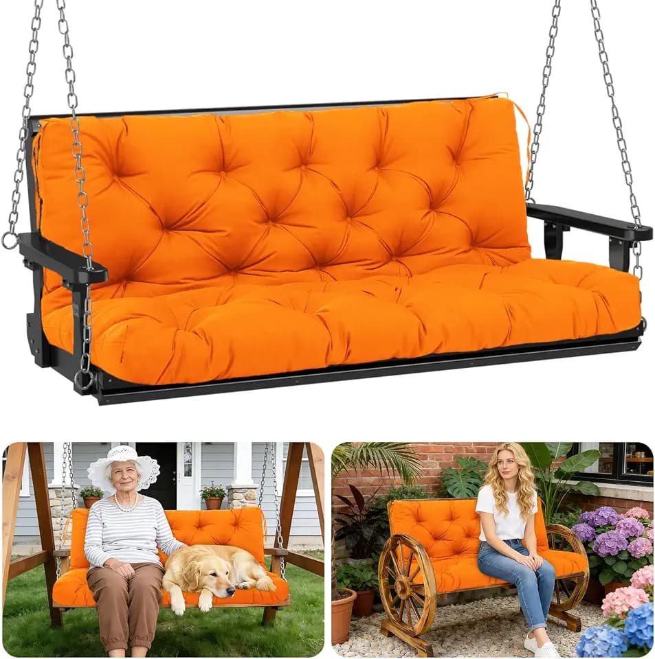 Porch Swing Cushions Outdoor 60 inch x 40 Waterproof Swing Cushions 3 Seater Replacement with Backrest & 8 Ties 5" Thick Bench Swing Cushions for Outdoor Furniture Patio(Orange)