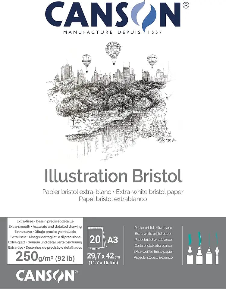 CANSON Illustration Bristol, extra glattes, satiniertes Papier, 250 g/m², an der kurzen Seite geleimter Block, DIN A3, 29,7 x 42 cm, Extraweiß, 20 Blatt