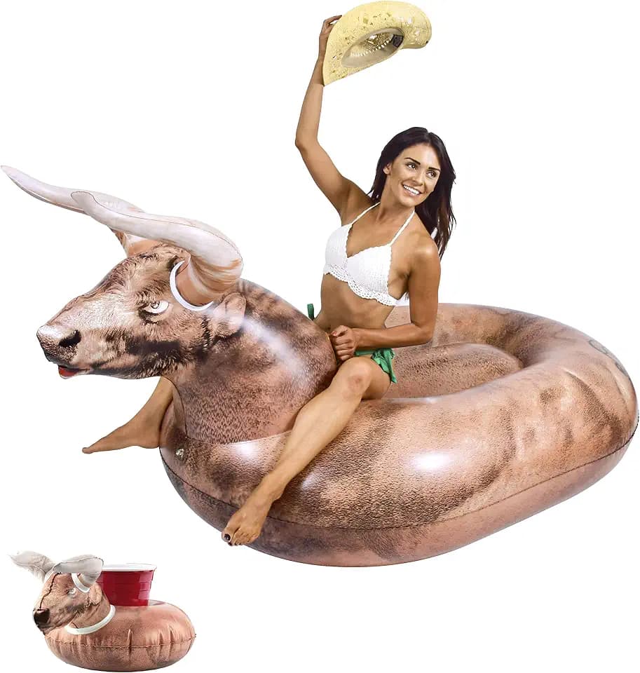 GoFloats Giant Inflatable Buckin' Bull - Grab Summer by The Horns, Includes Drink Float