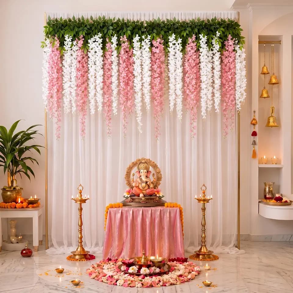Indian Pooja Backdrop Set, Diwali Curtain Decor, Wisteria Garland