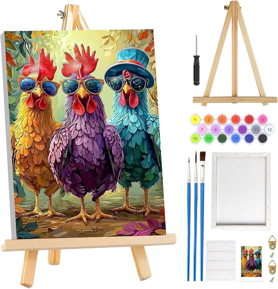 MOGTAA Chicken Paint by Numbers Kit for Adults Beginners with Frame, Animal Adult Paint by Number Kits on Canvas with Easel, Easy DIY Oil Painting Kits for Home Decor, 8x12in