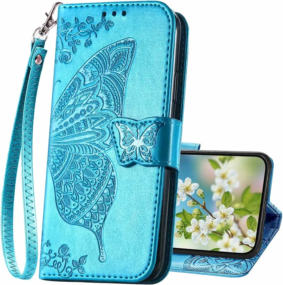 for iPhone 17 Wallet Case for Women,Butterfly Emboss Pattern,Blue