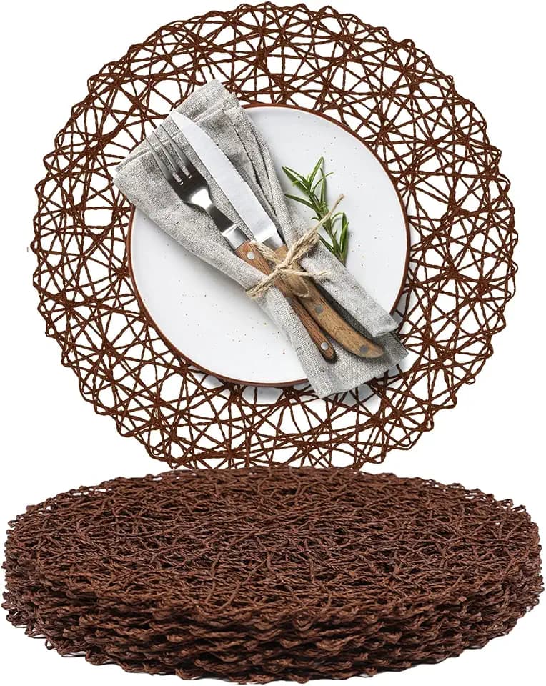 AHHFSMEI Paper Braided Round Placemats Set of 8 Natural Non-Slip Heat Resistant Table Mats for Dining Tables Woven Indoor & Outdoor Place mats(Coffee,8)