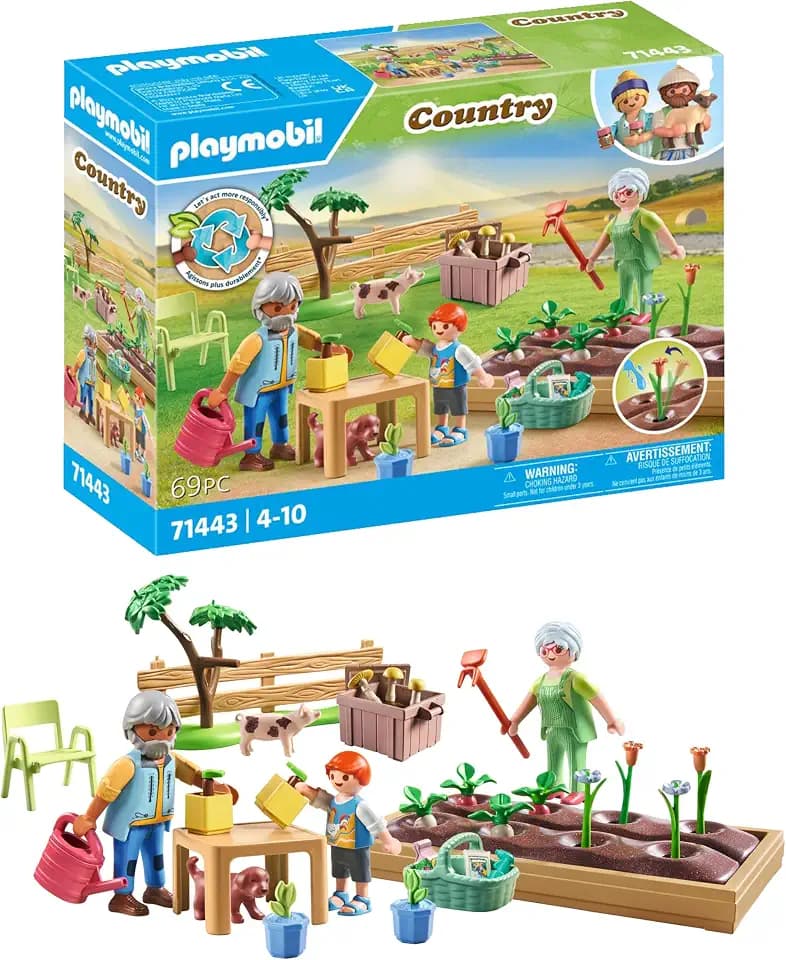 PLAYMOBIL Country 71443 Idyllischer Gemüsegarten bei den Großeltern, inklusive Blumenbeet, Gießkanne und Gartenwerkzeug, nachhaltiges Spielzeug für Kinder ab 4 Jahren