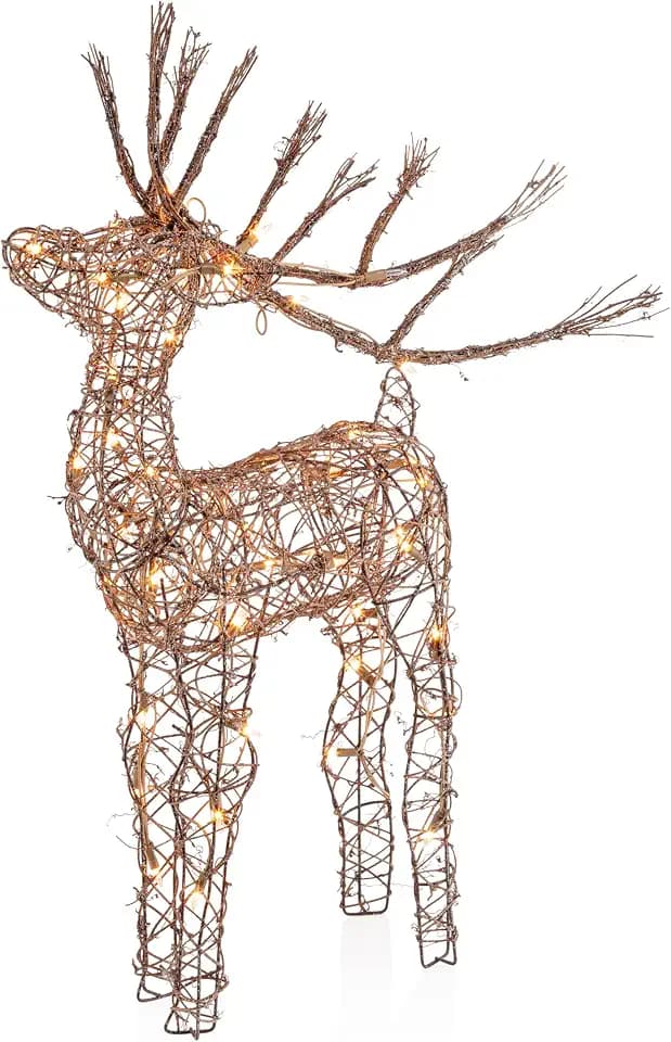 Alpine Corporation 35" Tall Outdoor Rattan Reindeer Lawn Decoration with 50 White LED Lights, Indoor/Outdoor Christmas Holiday Yard Decor Garden Display