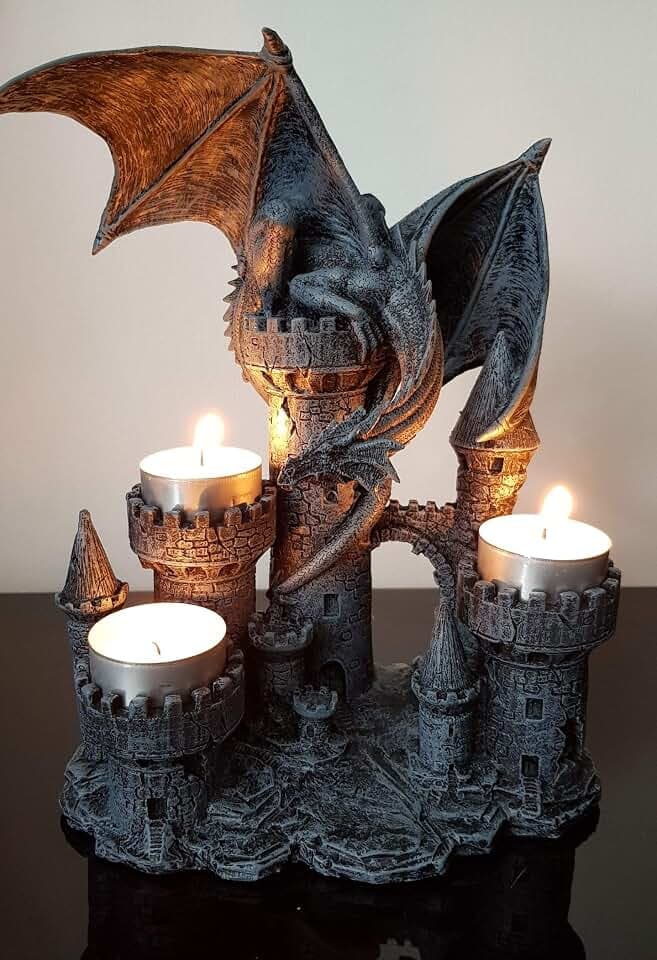 Majestätischer Drachen Kerzenhalter XXL 3er Teelichthalter mit Burgturm Geschenk - Gothic Fantasy Deko Figur - Stimmungsvolle Beleuchtung - 24x19x13 cm für Drachenliebhaber