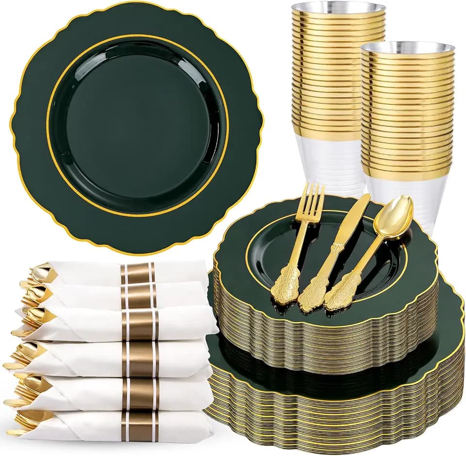 Liacere 350PCS Green Plastic Plates - Dark Green Disposable Plates With Gold Rim - 50Guest Baroque Plastic Dinnerware include 100Plates-50Pcs Pre Rolled Napkins with Silverware 50Cups for Party