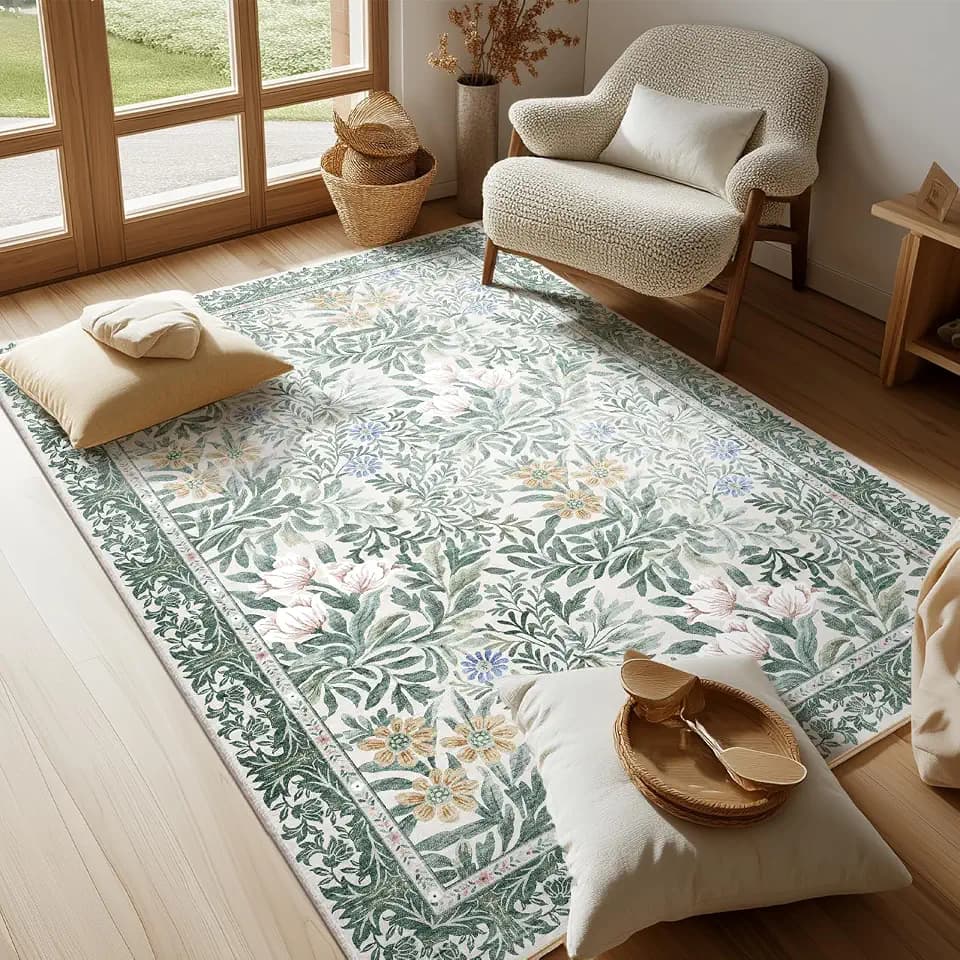 Botanical Floral Area Rug 4x6 Light Green Cream Vintage Garden Design, Perfect for Living Room, Bedroom, Kids Room, Nursery - Stain & Water Resistant Non-Slip, Pet & Child Friendly Area Rugs