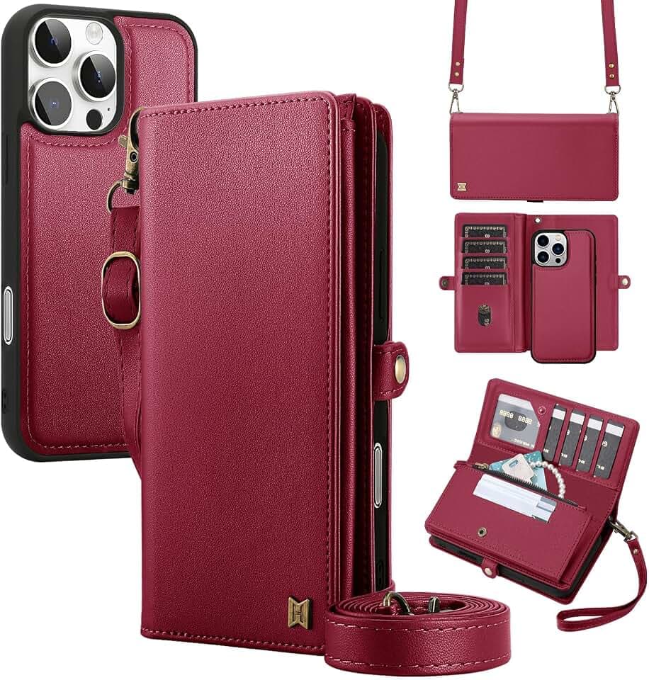 for Wallet Case Compatible with iPhone 16 Pro Max,Multi-Function Detachable 2 in 1 Magnetic iPhone 16 Pro Max Case Wallet,Flip Strap Zipper Card Holder Phone Case with Shoulder Straps (Red)