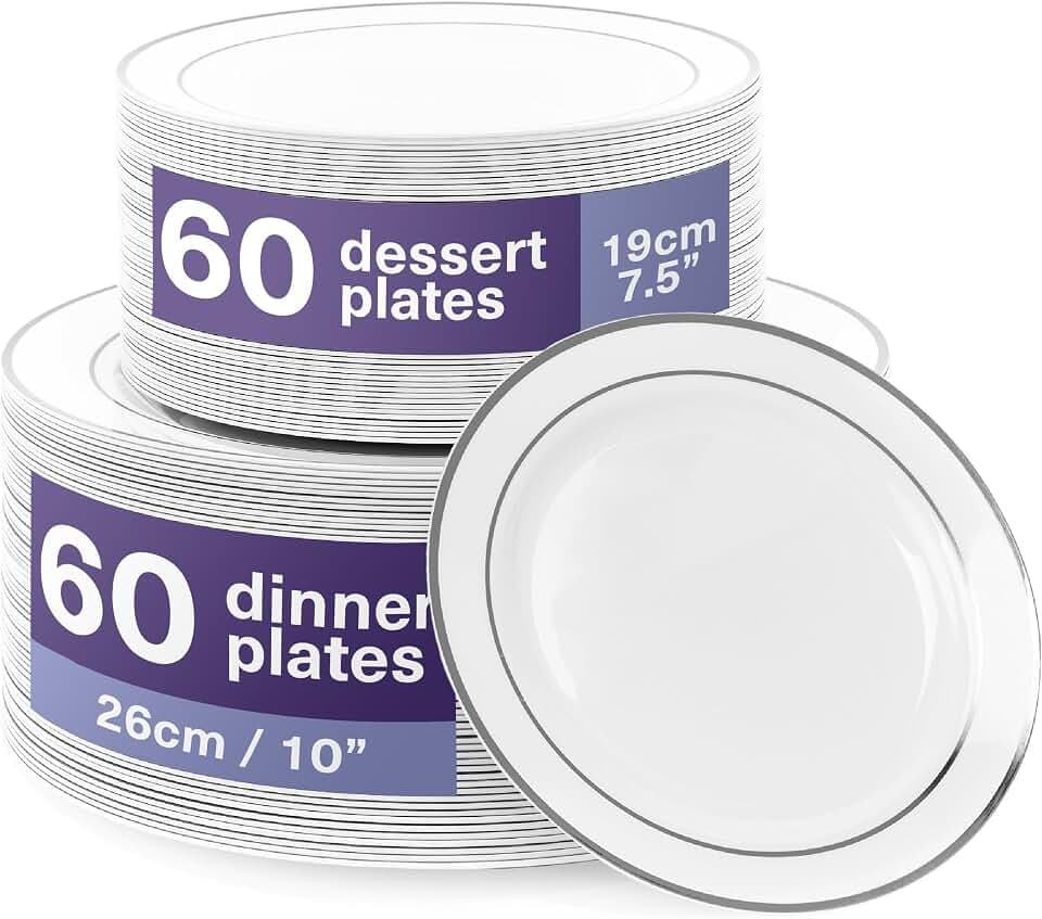 MATANA 120 Premium Weiße Plastikteller mit Silberrand, 2 Größen - Unzerbrechliche & Mehrweg Kunststoffteller, Partyteller für Hochzeiten, Geburtstage, Partys - Elegantes & Stabiles Partygeschirr