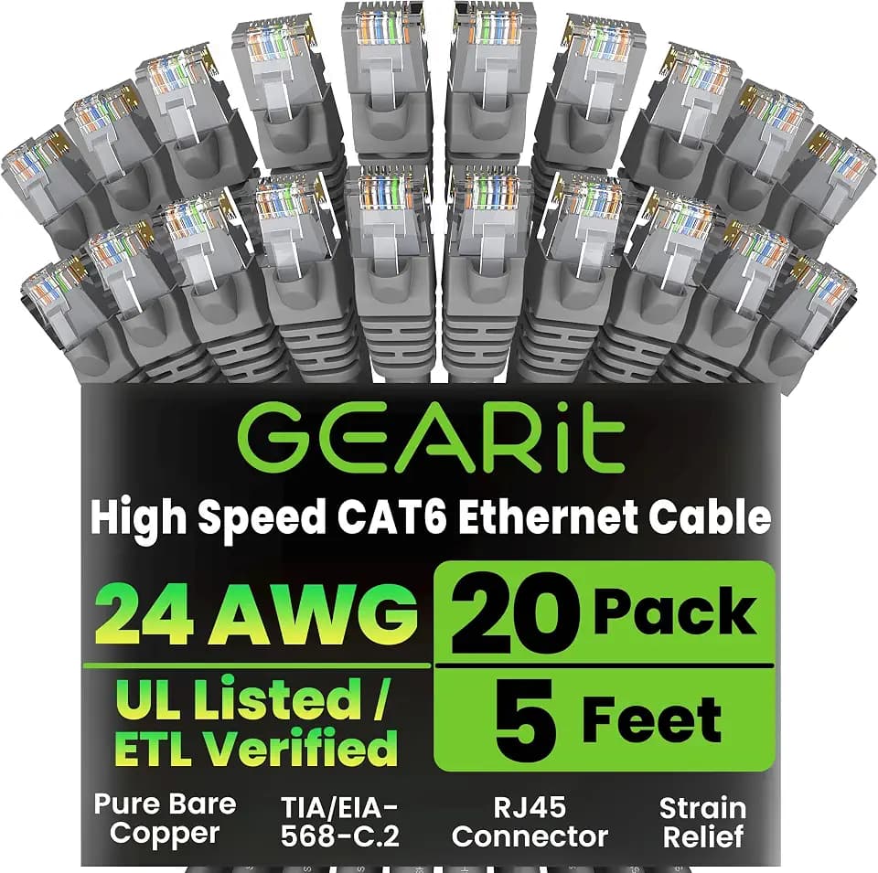 GEARit Cat6 Patch Cables Cat 6 Ethernet Cable 5 ft 20-Pack Gray