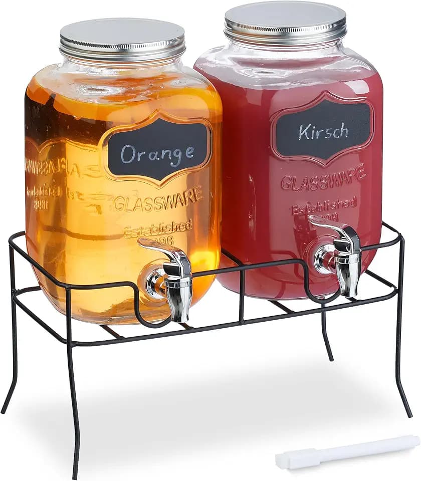 Relaxdays Getränkespender mit Ständer, 2er Set, Limobehälter 4L, Zapfhahn und Deckel, Wasserspender, Glas, transparent