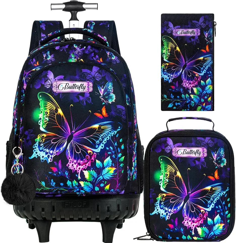 HPJGD Rolling Backpack for Girls, Womens Butterfly School Backpacks with Wheels, Water Resistant Roller Kids Wheeled Bookbag Set with Lunch Box
