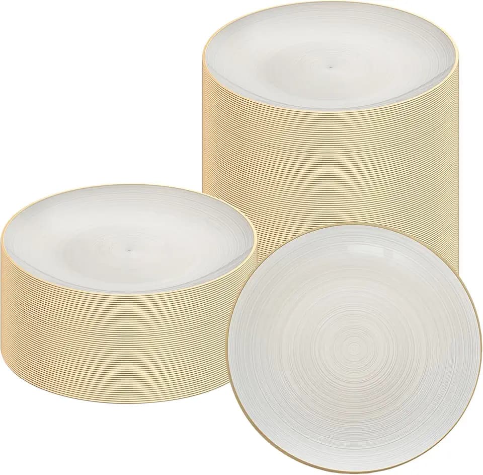 Restaurantware Round White Plastic Translucent Gold Rimmed Plate, 20 Pack