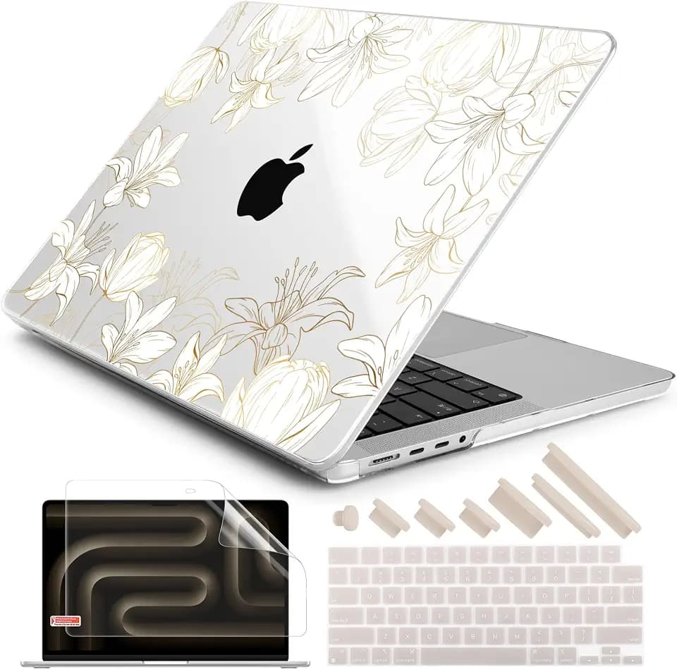DONGKE Case for MacBook Pro 14 Inch (2026-2021 Release, M5 M4 M3 M2 M1 Pro/Max Chip), Plastic Slim Hard Shell Protective Cover with Keyboard Cover & Screen Protector, Golden Floral