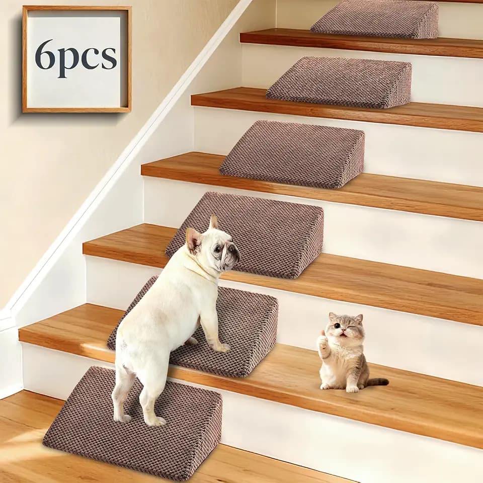 Dog Ramp for Stairs for Small & Senior Dogs and Cats – Non-Slip Stair Wedges for Dogs with Gentle Slope, Pet Ramp with Washable Cover & Self-Sticky Pads for Safe Climbing (Brown, 6 Pack)