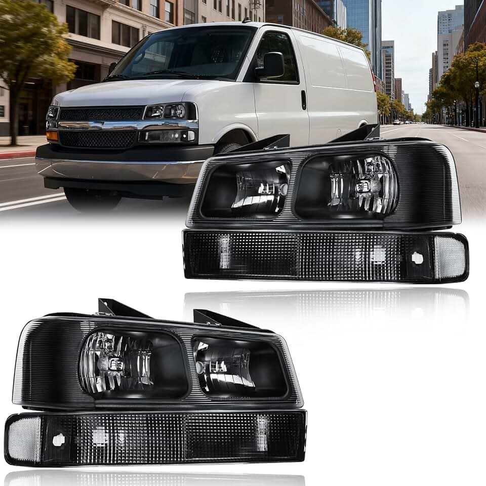 Pair Black Headlights for 2003-2023 Chevy Express & GMC Savana