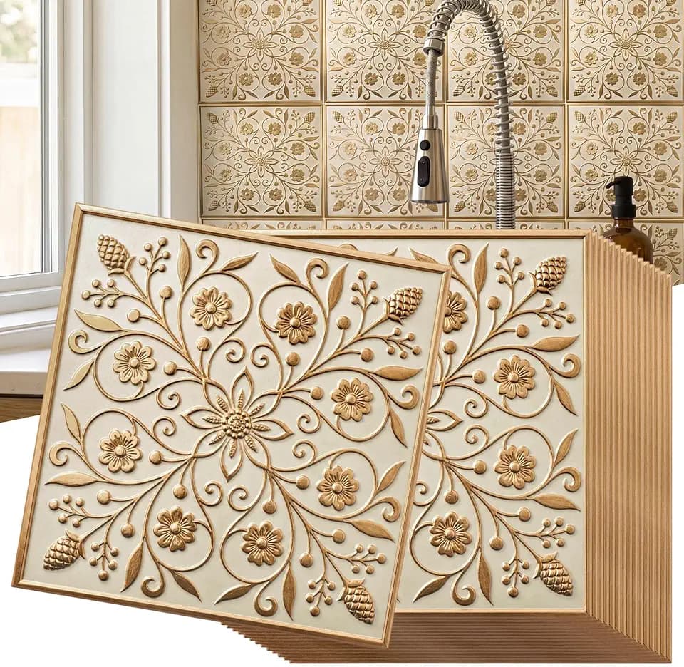 36 Pack of 8 x 8" Wallpaper Tiles Peel and Sitck in White and Gold Leaves Design Floral Textured Backsplash Tiles for Kitchen Backsplash, Bedroom, Living Room & Cabinet DIY Projects, Renter Friendly