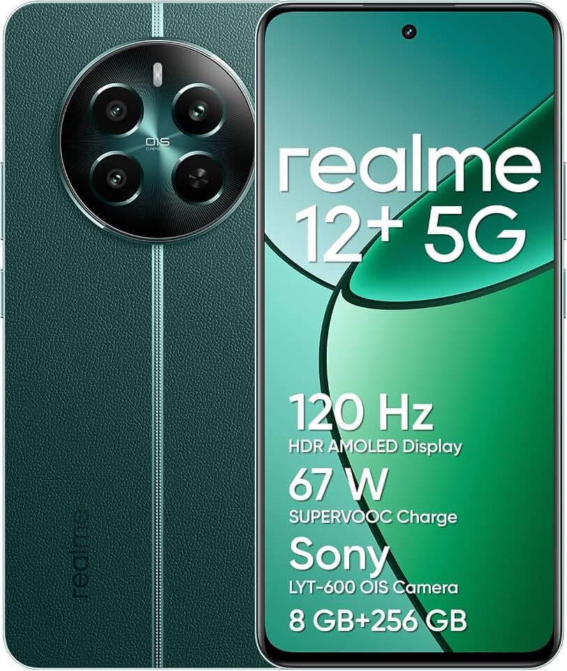 realme 12+ 5G Smartphone 8+256 GB with NFC, Sony LYT-600 OIS Portrait Camera, Dimensity 7050 5G Chipset, 120Hz AMOLED Display, Rainwater Smart Touch, 67W SUPERVOOC Charge, Pioneer Green(no Adapter)
