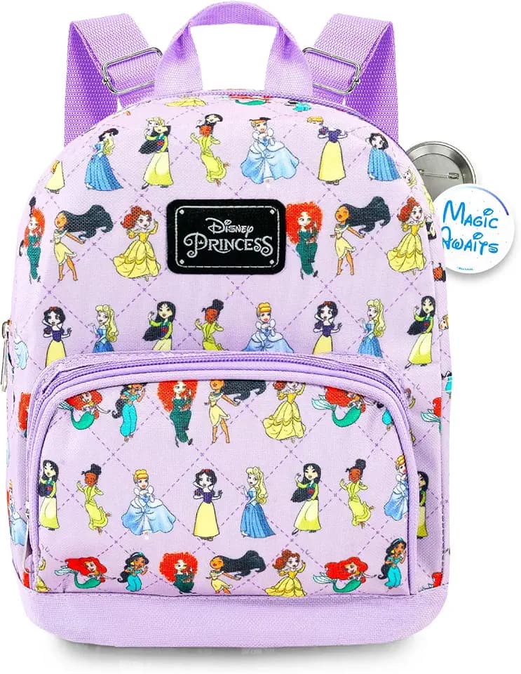 Disney Princess Mini Backpack - 10" Exclusive Woven Small Backpack with Front Pocket and Button Bundle | Adjusts to Fit Women, Teens, Girls, Kids