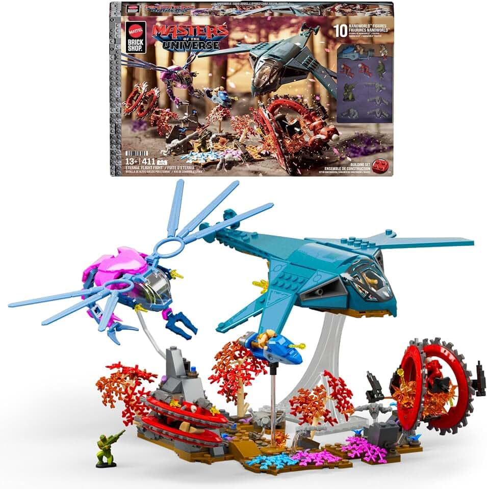 Mattel Brick Shop Masters of the Universe Eternia Luftkampf | Bauset mit 411 Teilen und 10 Figuren, Spezialeffekt-Teile, für Erwachsene Sammler und Kinder ab 13 Jahren, JNF83