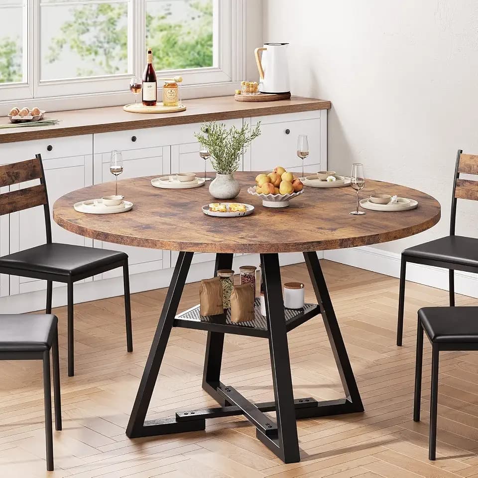 Jocoevol Esstisch Runder für 4 Personen, Esszimmertisch mit Ablage, platzsparender Küchentisch aus Holz im Industrial Design (Vintage Braun, 120x120x76cm)