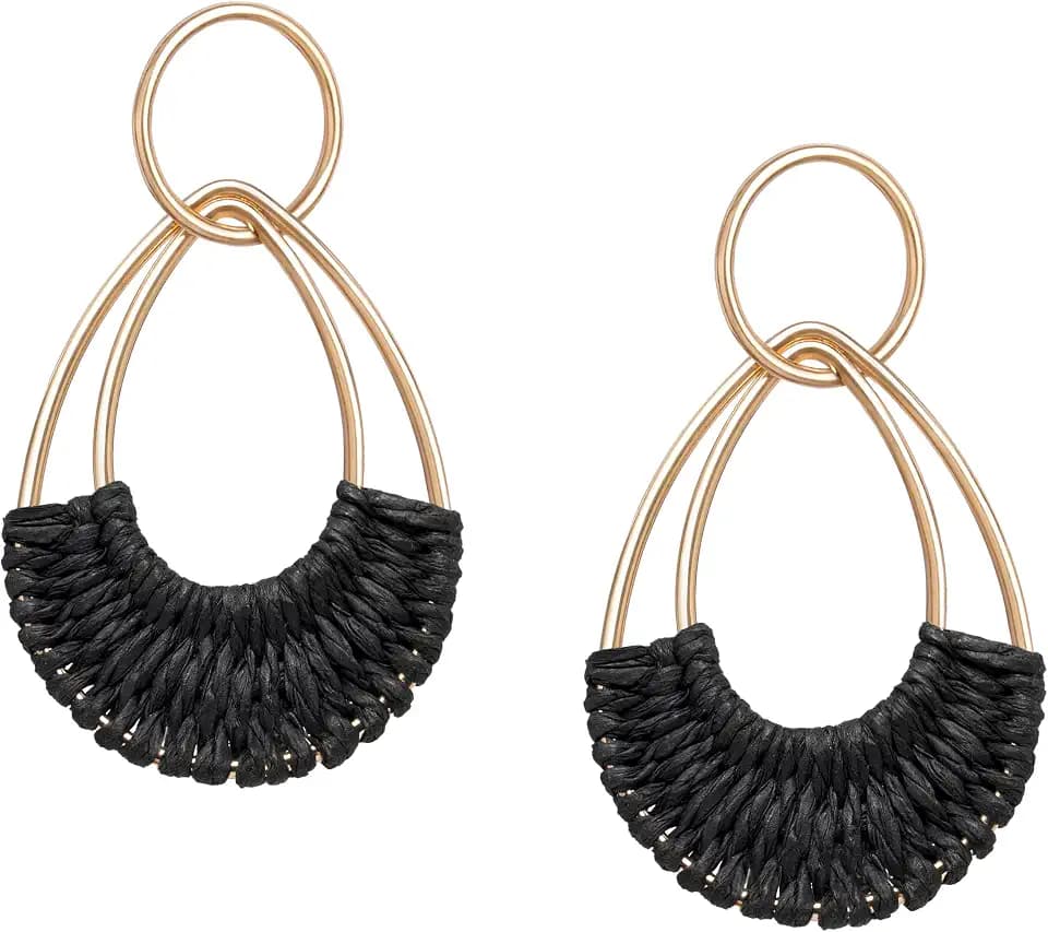 Raffia Hoop Earrings for Women Fun Boho Summer Beach Earrings Lightweight Handmade Straw Wicker Rattan Dangle Earrings Statement Geometric Round Drop Earrings