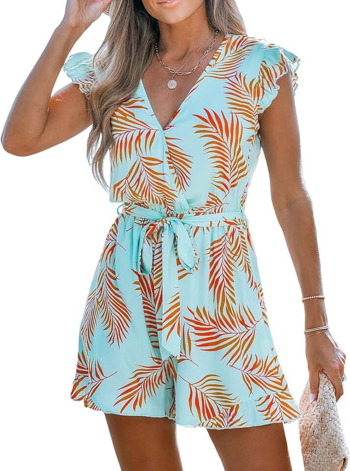 CUPSHE Women's Tropical Print Romper V-Neck Flutter Sleeve Casual Summer
