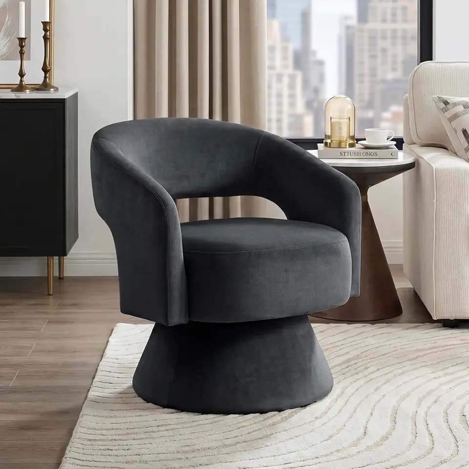 Lexicon Swivel Accent Chair, Modern Velvet Round Barrel Chair, Dark Gray