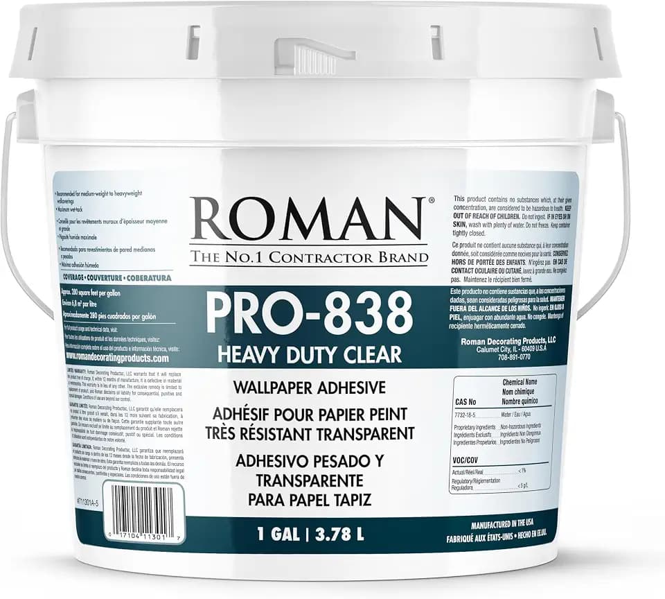 Roman Heavy Duty Clear Wallpaper Adhesive, Non-staining, Clear, PRO-838, (1 Gallon - 280 sq. ft.)
