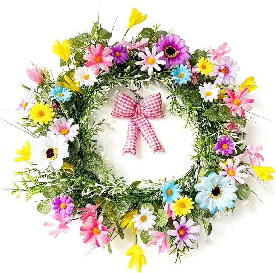 18 Inch Spring Wreath for Front Door, Colorful Artificial Daisy & Eucalyptus Wreaths with Pink Bow, UV Resistant Easter Summer Wreath for Indoor Outdoor Wall Farmhouse Décor