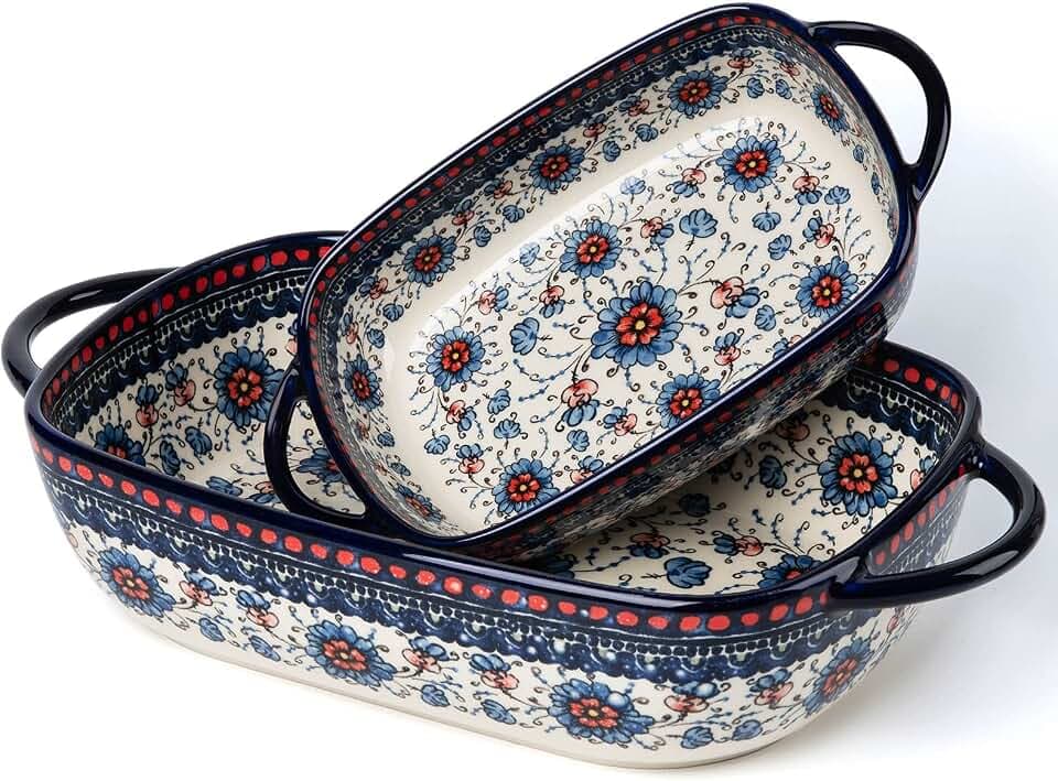 Baking Dish Ceramic Baking Pan Blue Casserole Dish Rectangular Baking Set 2pcs Bakeware Sets Single Serving Size Lasagna Pan Baking Dishes for oven (Blue plasma grass)