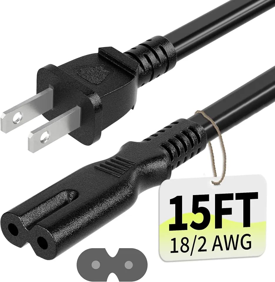 Vockjour Universal 15ft(4.5m) Power Cord, 2-Prong Pure Copper ETL, Black