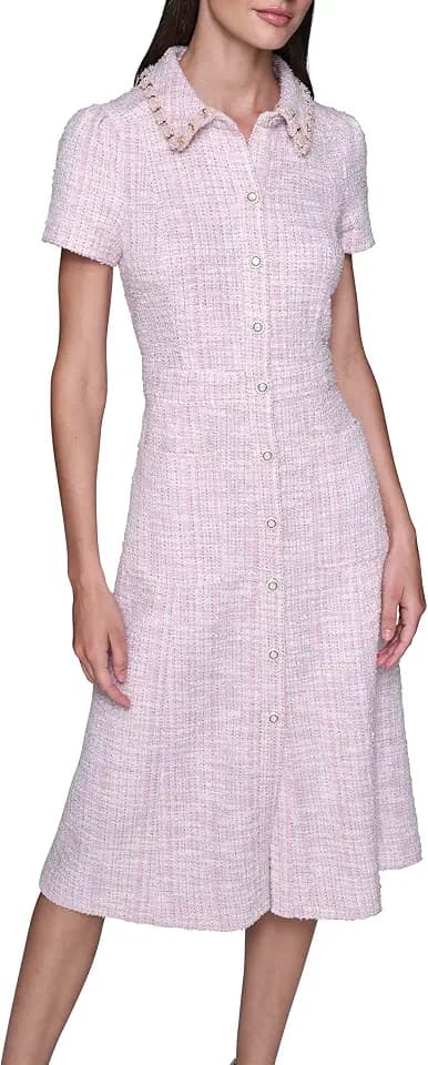 Karl Lagerfeld Women's Short Sleeve Collared Multi Toned Knit Tweed Midi Dress
