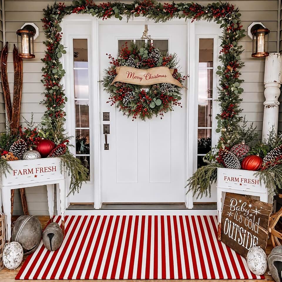 Moucuny Christmas Red and White Vertical Stripe Outdoor Rug 3' X 5' Doormat