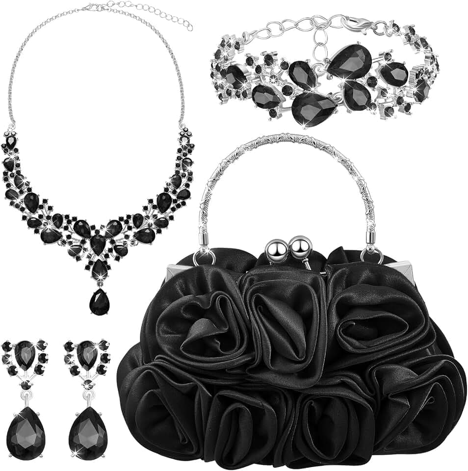 4 Pcs Flower Clutch Rhinestone Jewelry Set Rose Clutch Handbags with Detachable Strap Detachable Necklace Earrings Bracelets for Wedding Party Prom Valentine Gift
