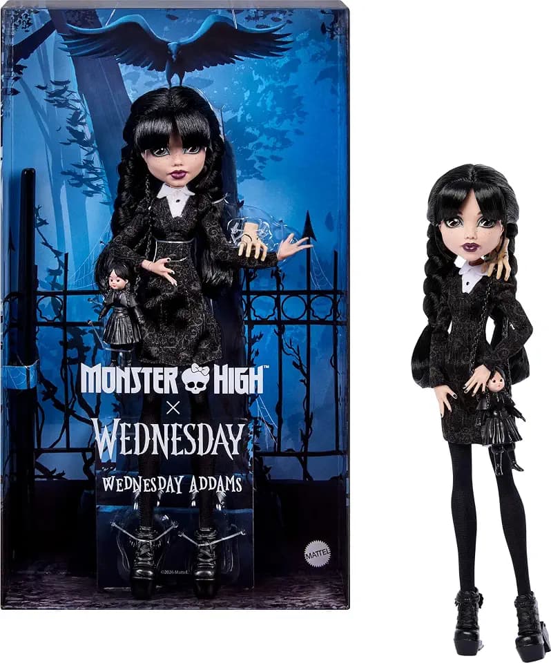 Monster High x Wednesday Doll, Wednesday Addams Collectible in Black Dress with Matching Stockings and Accessories Like Thing and Doll Purse