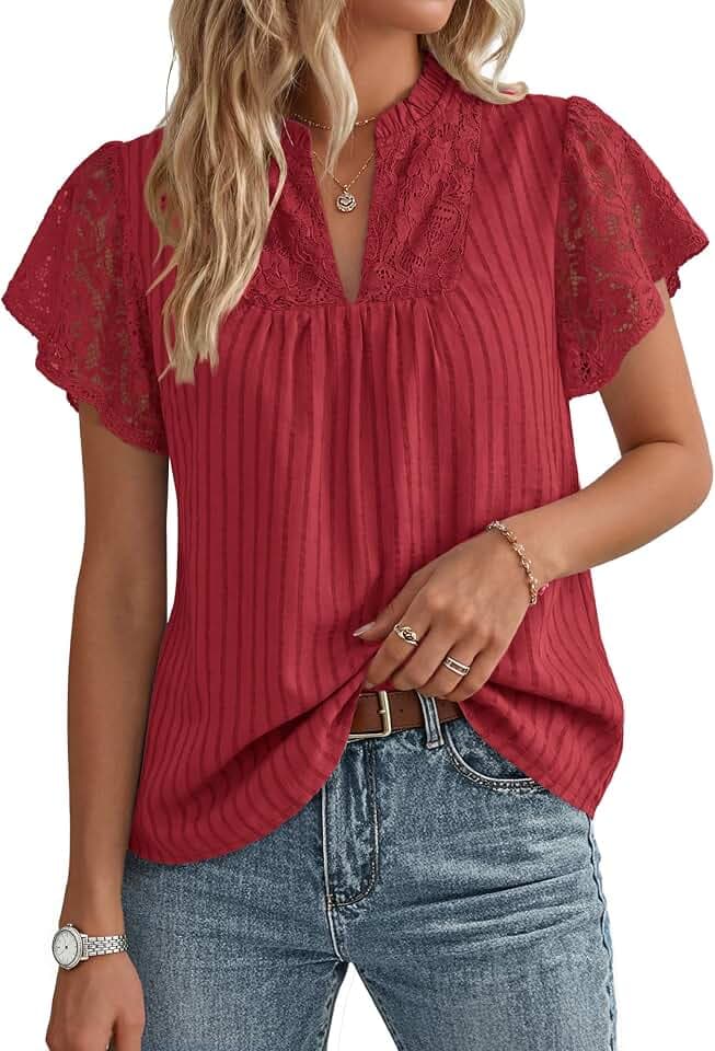 GRACE KARIN Damen Spitzen Baumwolle Bluse Elegante Henley V-Ausschnitt Oberteile Rüschen Kurzarm Sommer Top