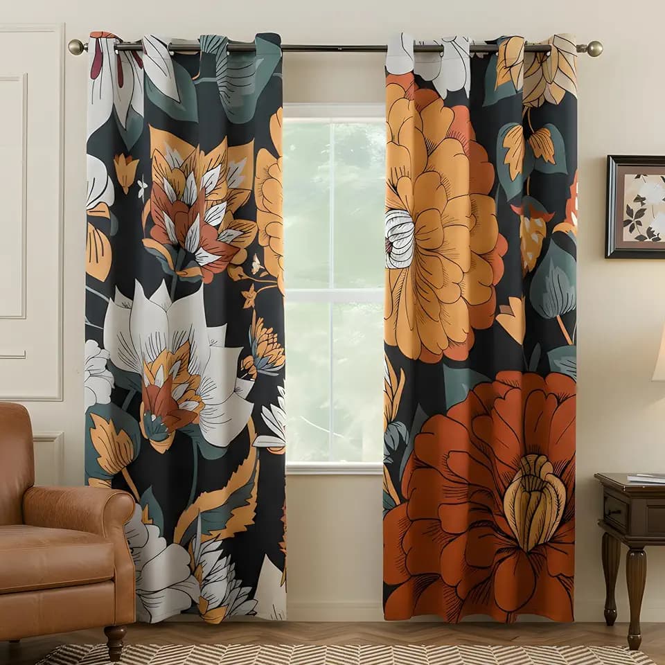Floral Room Darkening Curtains – 80% Blackout Botanical Kitchen Curtain Drapes, Boho Vintage Energy Efficient Shades– Perfect for Living Room & Bedroom, W52 x84, 2 Panels