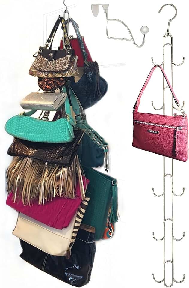 Boottique Organizer zum Aufhängen über der Tür – Geldbörsen-Aufhänger für Schrank, strapazierfähig, verchromt, hält 22.7 kg, schwenkbar für einfachen Zugriff; Geldbörsen, Rucksäcke, 12 Haken