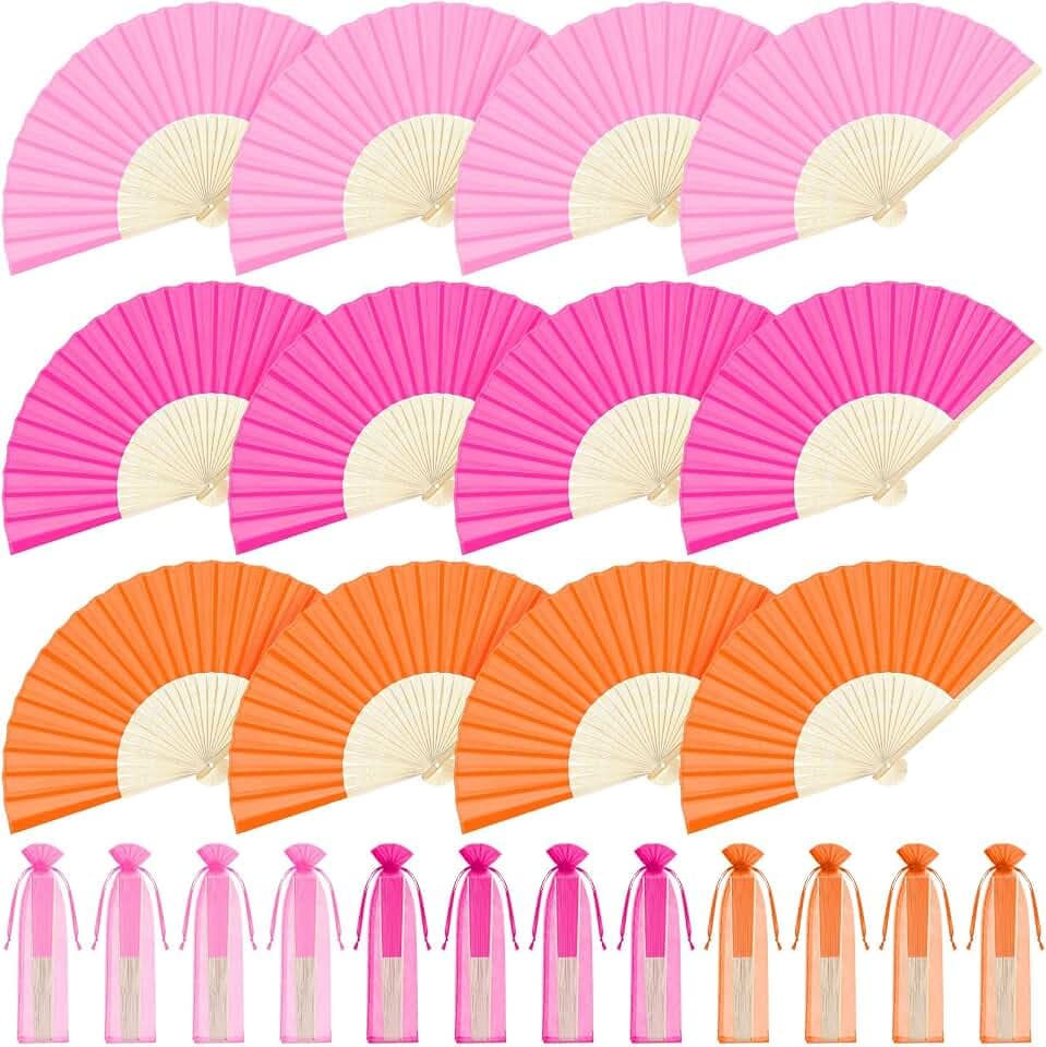 12 Pcs Pink and Orange Folding Hand Fans 8.26 Inch with Organza Bag