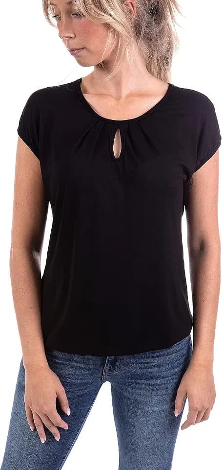 U&F Damen Sommer Basic T-Shirt Kurzarm | Gr. S-XXL | Umspieltes Dekollete in Rundhals und Gummizug am Saum für Frühling, Sommer oder Herbst | Schwarz Größe: L