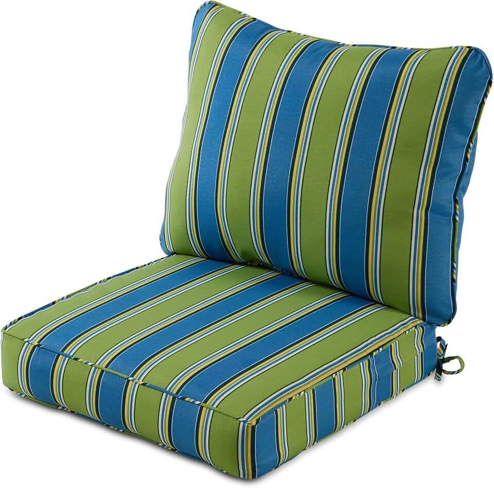 Outdoor Deep Seat Cushion Set 24x24 Seat + 28x22 Back – Dacron Wrapped Foam Core, Removable Zipper Seat Cover, Corded Trim, Patio Lounge Replacement Cushion with Ties, Cayman Stripe