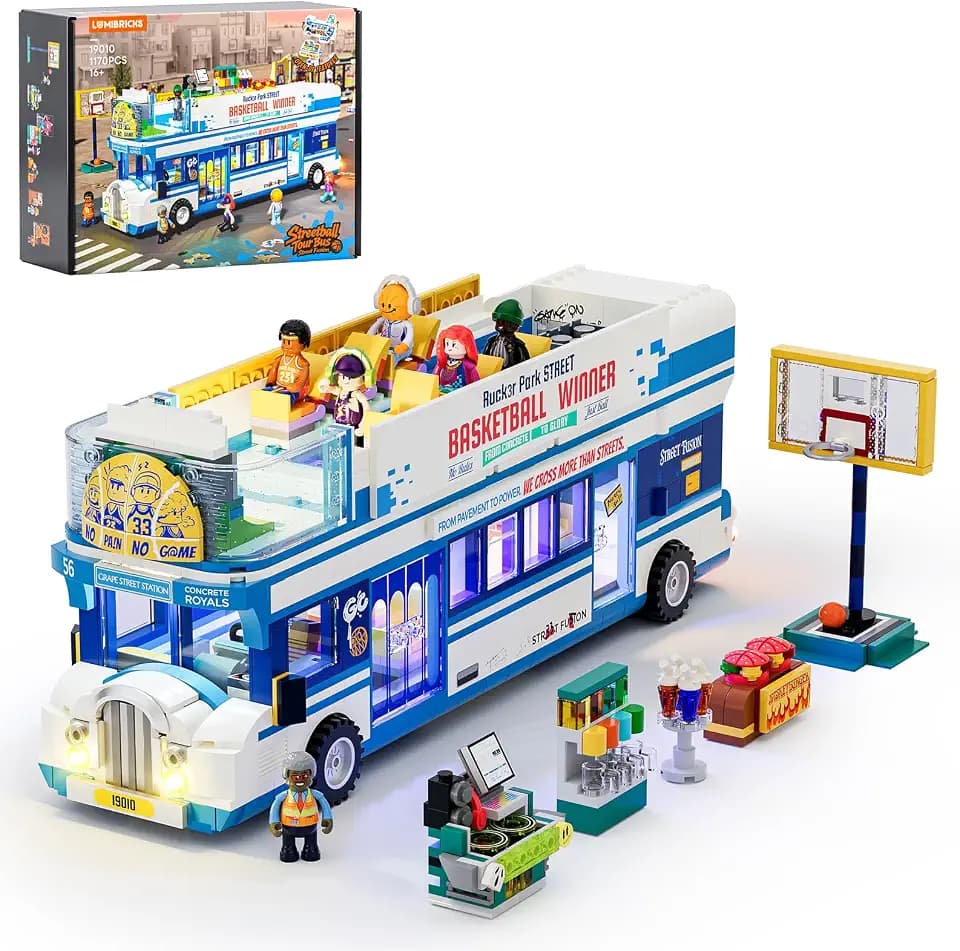 Lumibricks Street Fusion Streetball Tour Bus Lighting Building Bricks Set - City Town Modular Playset Collection Display kit with Minifigures 1170 Pcs for Adults & Teens & Life Enthusiasts