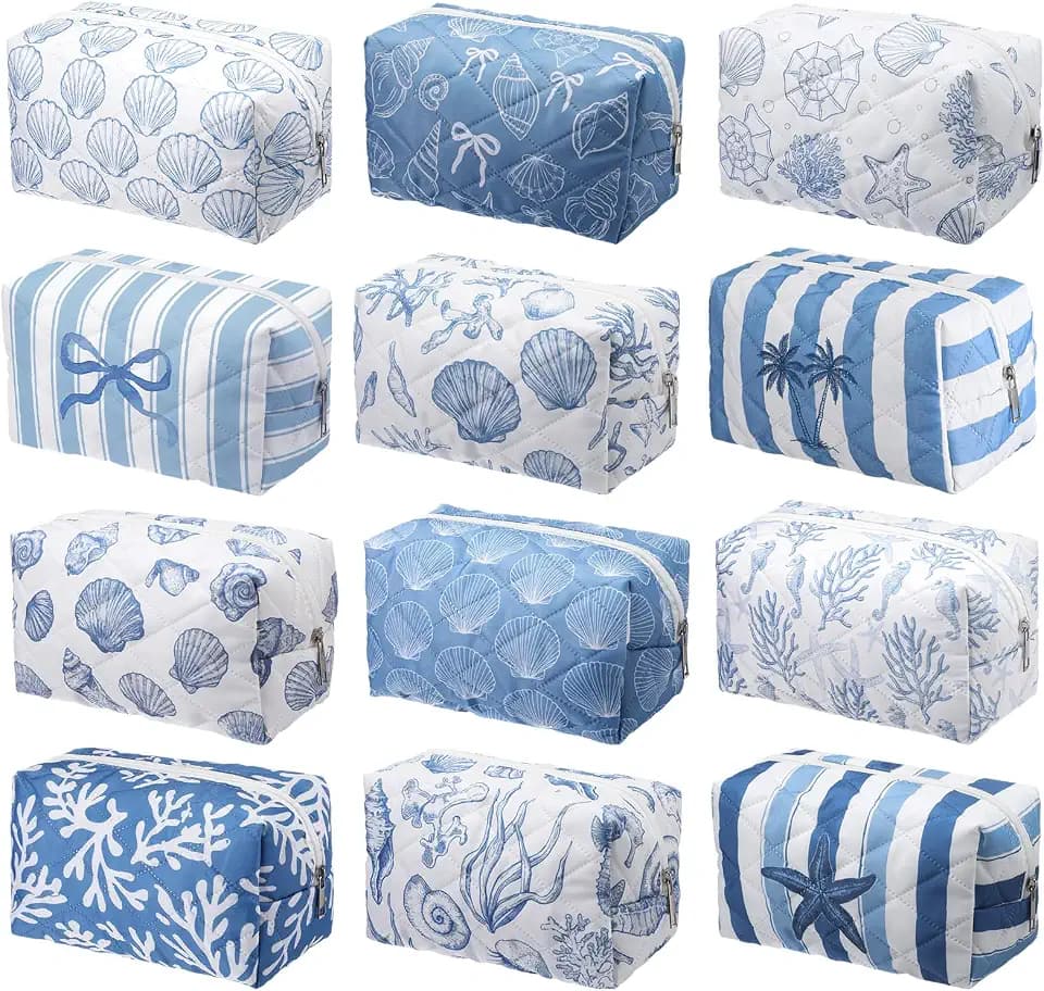 Hillban 12 Pcs Seashell Quilted Cosmetic Bag Bulk for Women Summer Beach Makeup Bag Seashell Themed Zipper Pouch Travel Toiletry Pouch Beach Kit Organizer Pouches Ocean Coastal Party Favor
