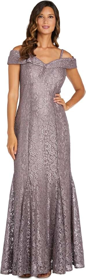 R&M Richards Women's Off The Shoulder Formal Gown - Glitter Lace Mermaid Evening Dress for Wedding Guest & Cocktail Attire