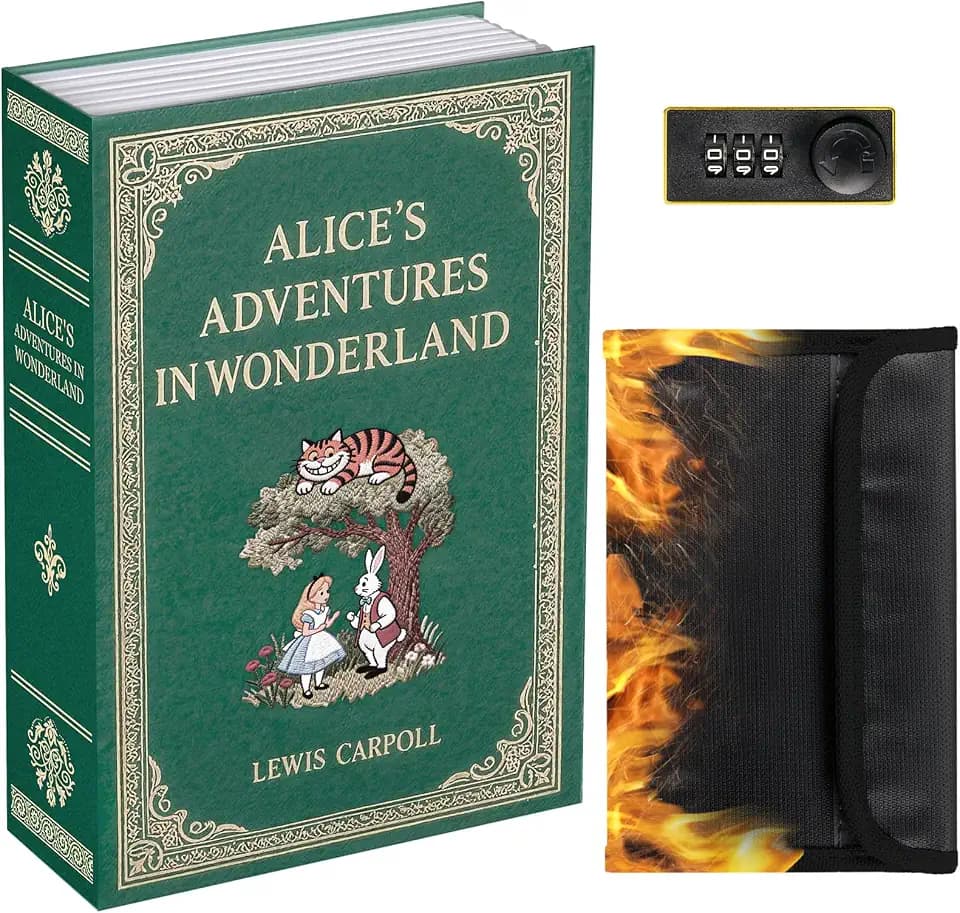 Book Safe with Combination Lock, Hidden Safe (9.5 x 6.2 x 2.2 Inch) with Fireproof Bag, Secret Diversion Safe, Hollow Book Box Hidden Storage, Money Safe Box for Cash (ALICE)