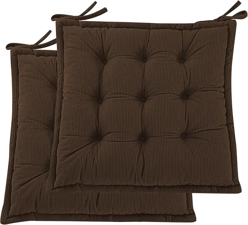 Indoor Sitzkissen Stuhl 2er Set – Komfortable Cordstoff-Sitzmatte Stuhlkissen mit Bändern, Hochwertige Füllung, Ideal für Esszimmer, Büro, Wohnzimmer, Outdoor Gartenstuhl, 45x45x7, Braun