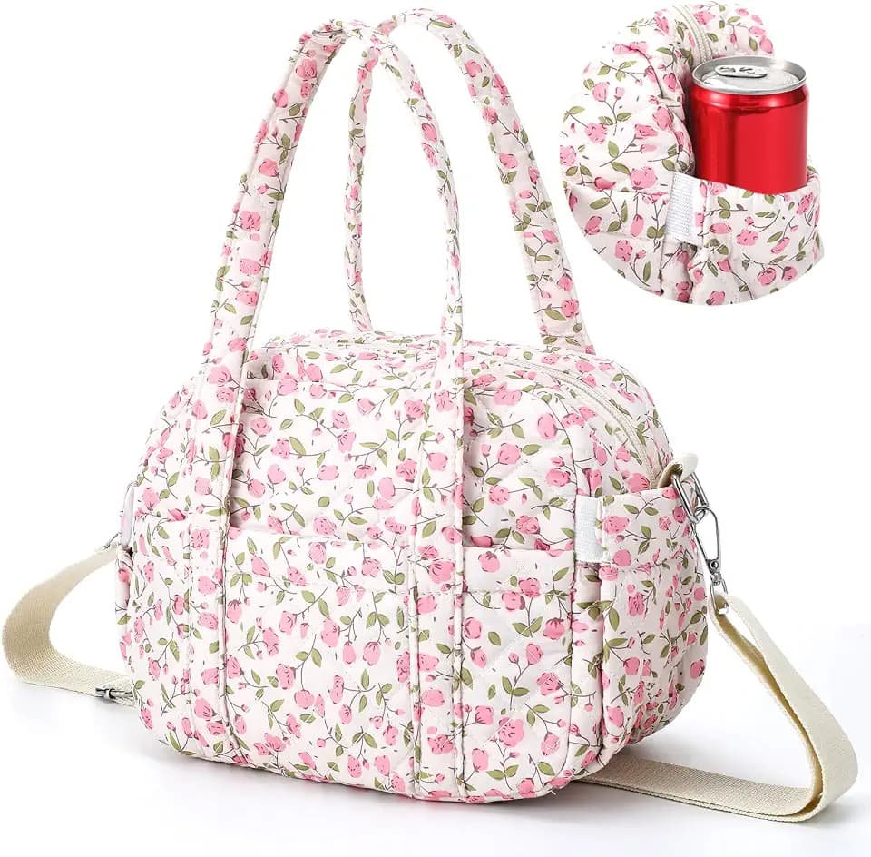 Zhehao Quilted Insulated Lunch Box for Women Cute Lunch Bag, Pink Flower